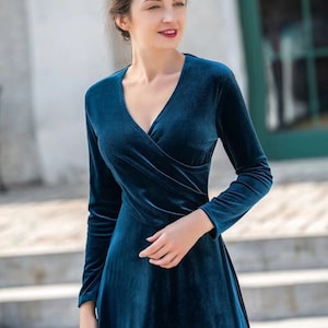 Velvet Dress for Women, Long Sleeves Winter Dress, Midi Wrap Dress, Bridesmaid Dress, Custom Hand Made Dress, Plus Size Clothing Gown R63 image 5