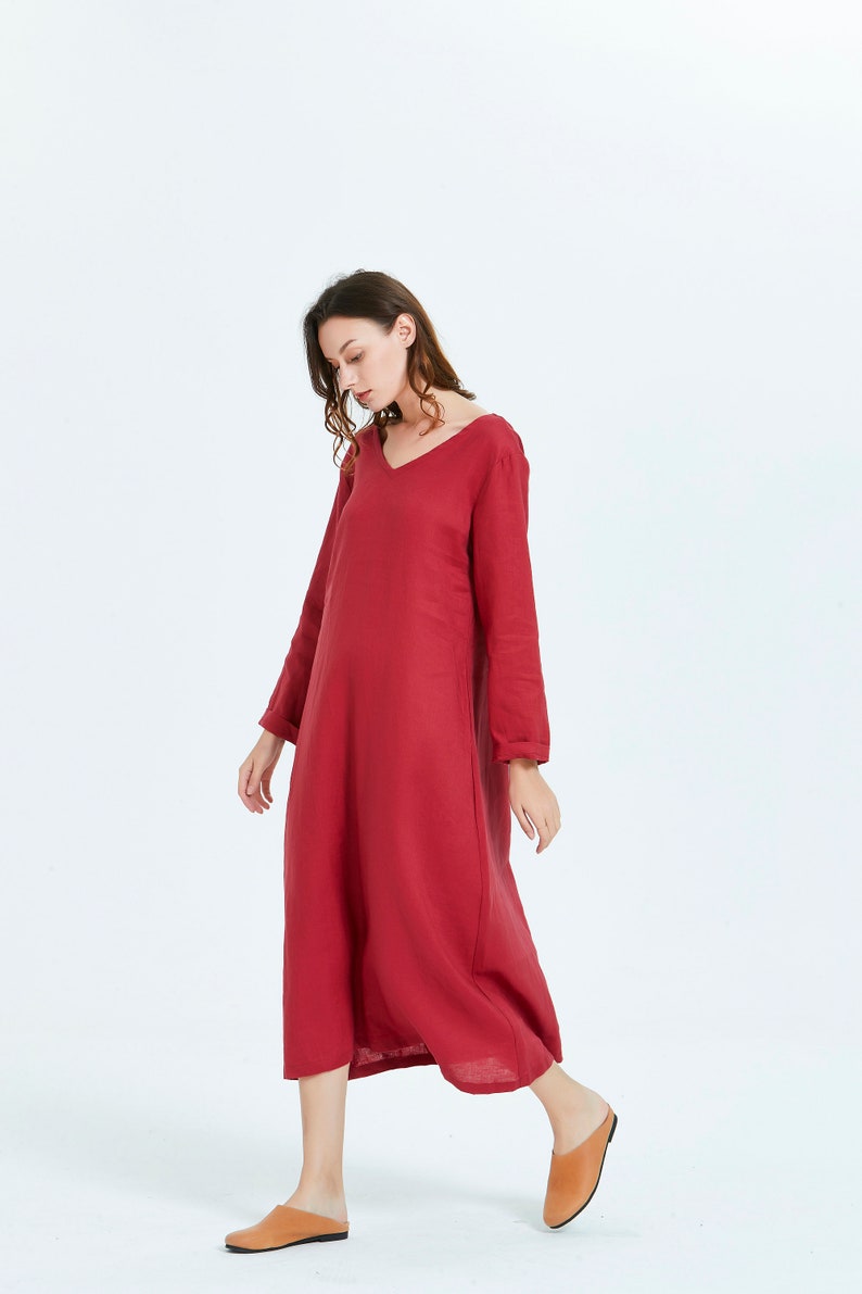 Women Linen dress Long sleeve V neck midi caftan dressPlus Size Clothing flax casual Loose Linen washed linen dress with pockets R30 image 3