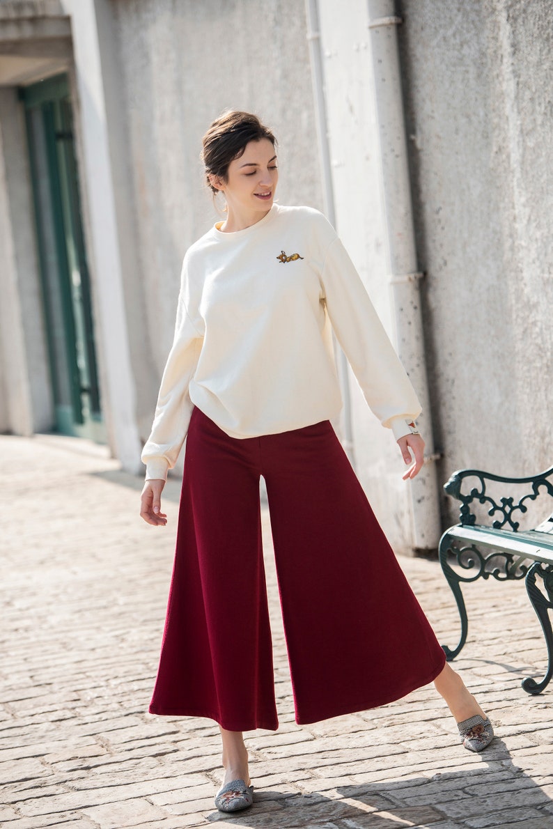 Women Wool Pants Loose High Waist Pants Wide Leg Pants Soft Casual Large Size Trousers Oversized Skirt Pants With Pockets Red Long Pants S18 image 7