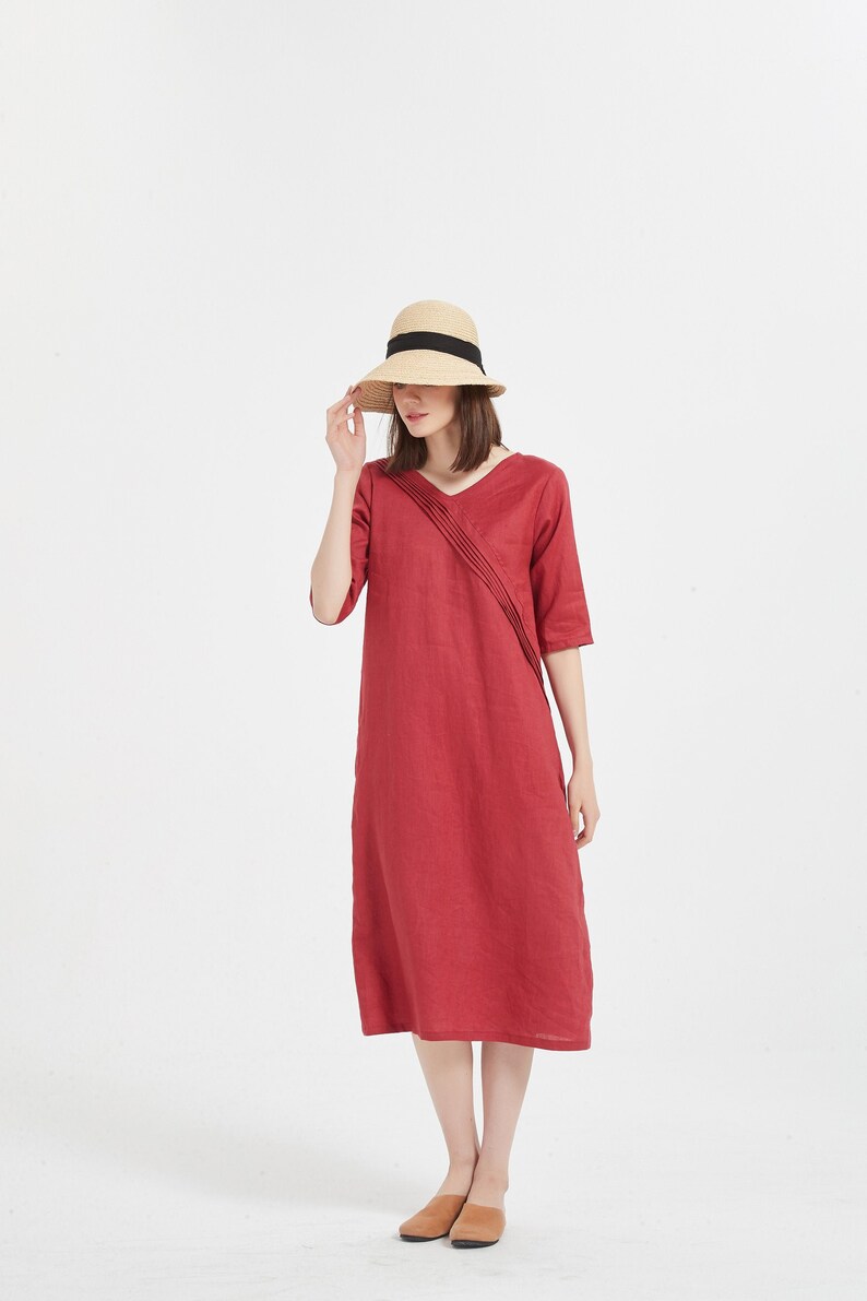 Women linen dress summer loose casual soft linen dress oversized linen midi dress shift dress pure linen tunic dress plus size clothing X39 image 5