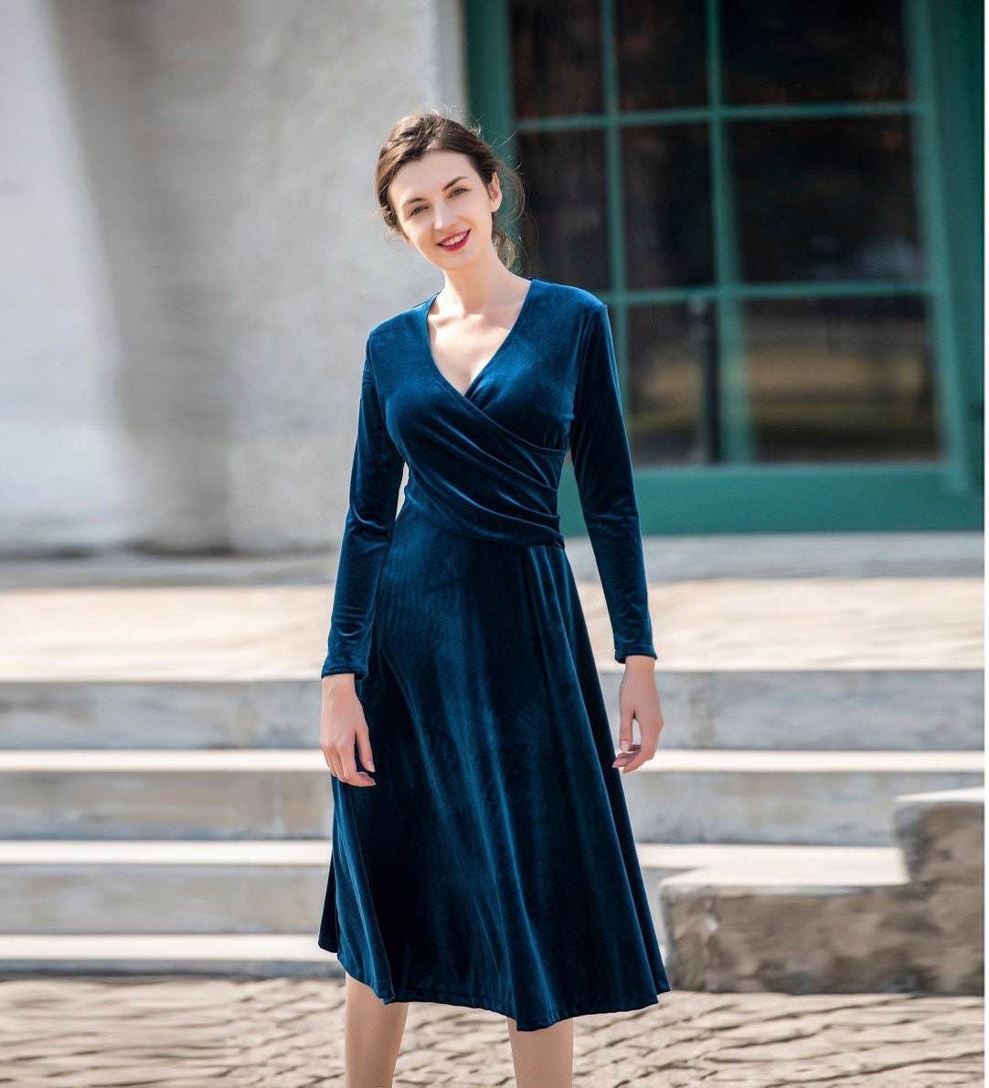 50% Sale Blue Size XL Velvet Sleeves Midi Etsy