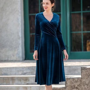 Velvet Dress for Women, Long Sleeves Winter Dress, Midi Wrap Dress, Bridesmaid Dress, Custom Hand Made Dress, Plus Size Clothing Gown R63 image 4