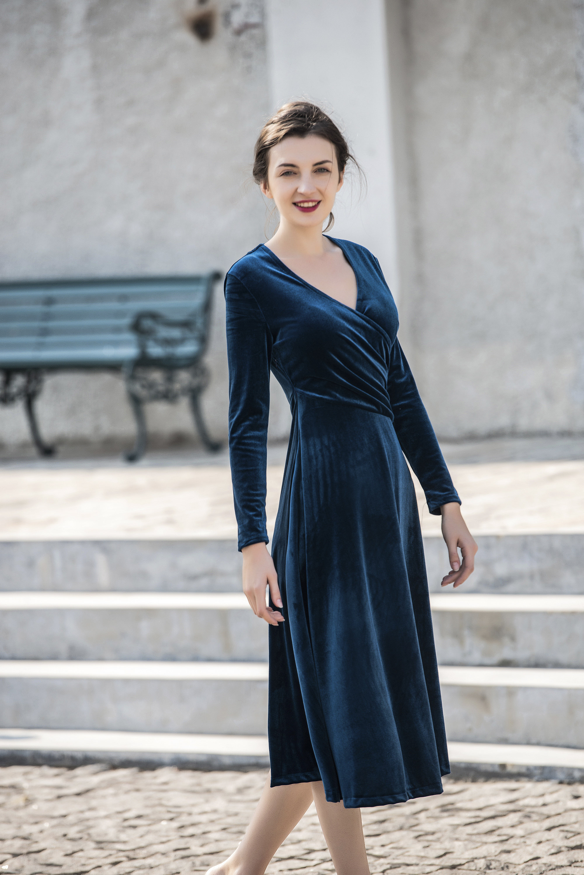 Blue Velvet Dress Long Sleeves Midi Bridesmaid Dress Spring Etsy