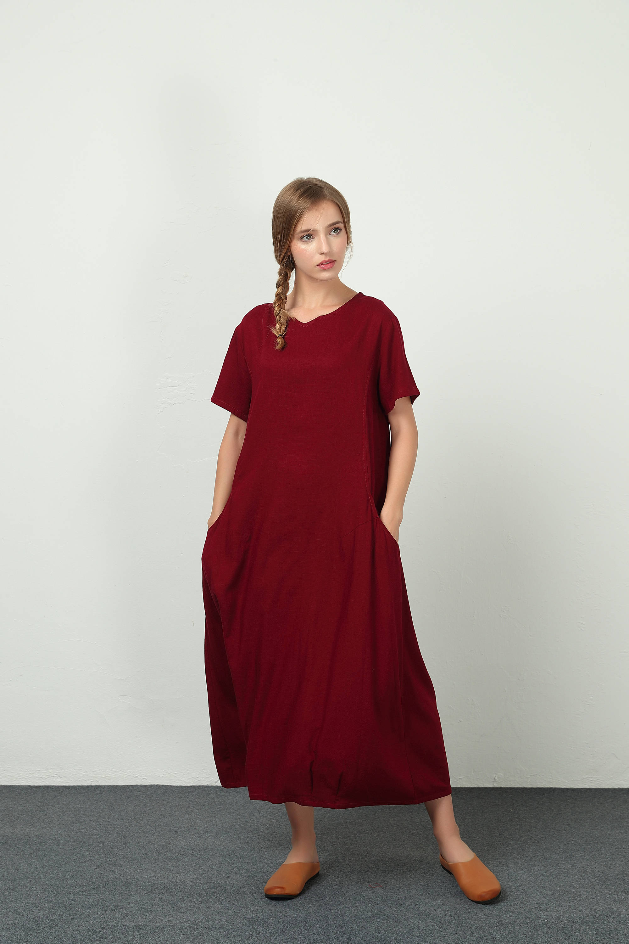 Linen Dress With Pockets Short Sleeve V Neck Summer Maxi Etsy UK