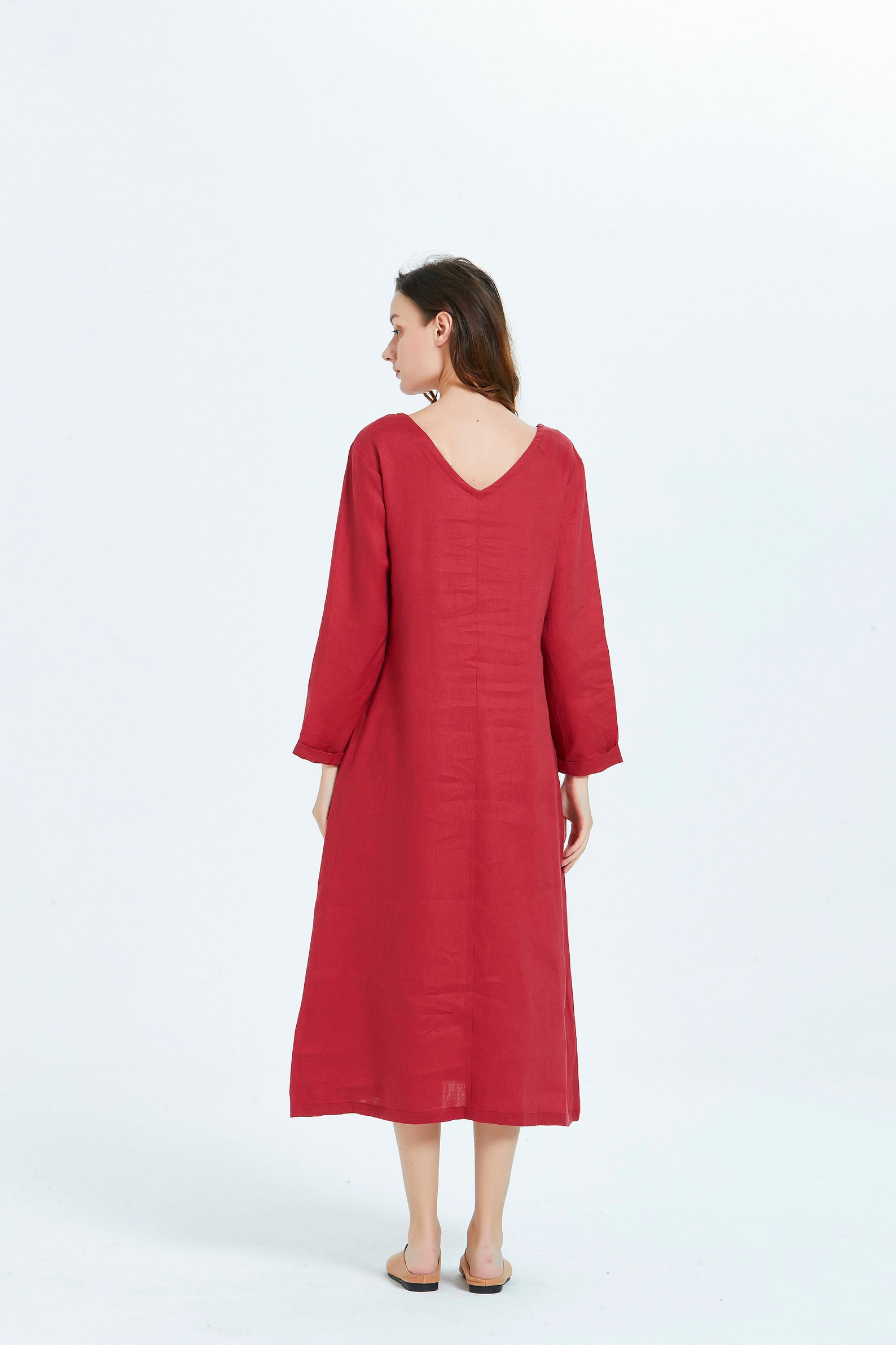 Women Linen Dress Long Sleeve V Neck Midi Caftan Dressplus Etsy