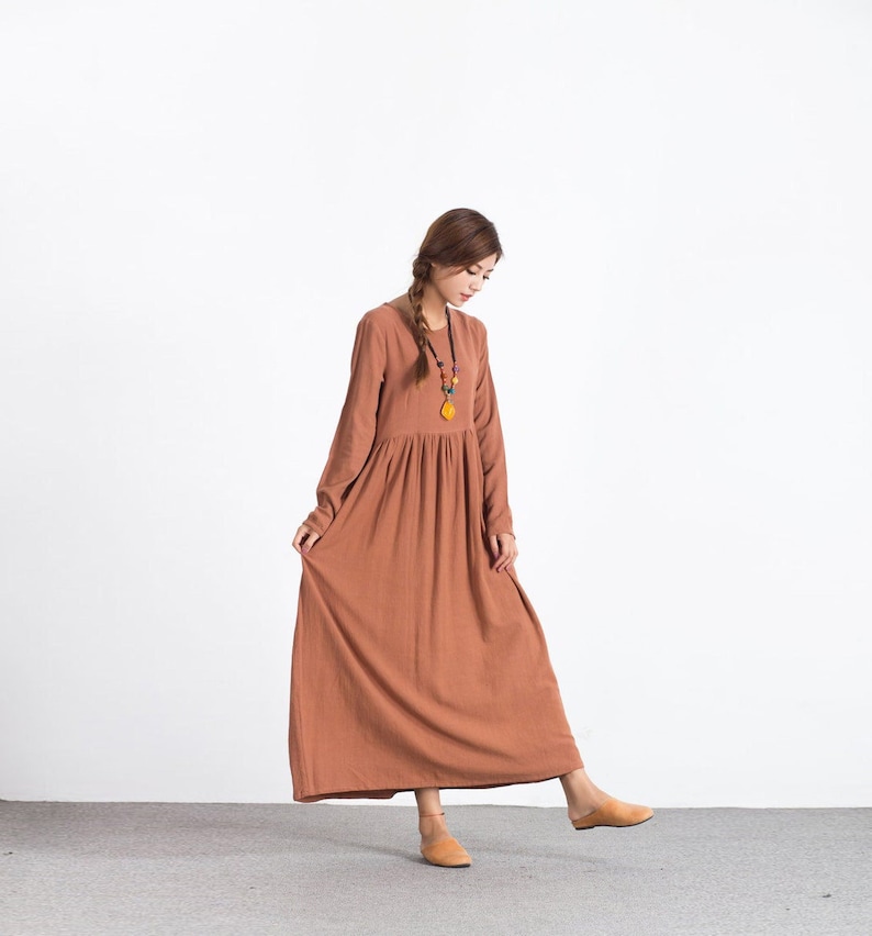 Women Linen Dress Shirt Loose Dress Tunics Long Sleeves Robes Maxi Dresses Customized Oversized Linen Long Dress Plus Size Clothing Boho A73 image 1