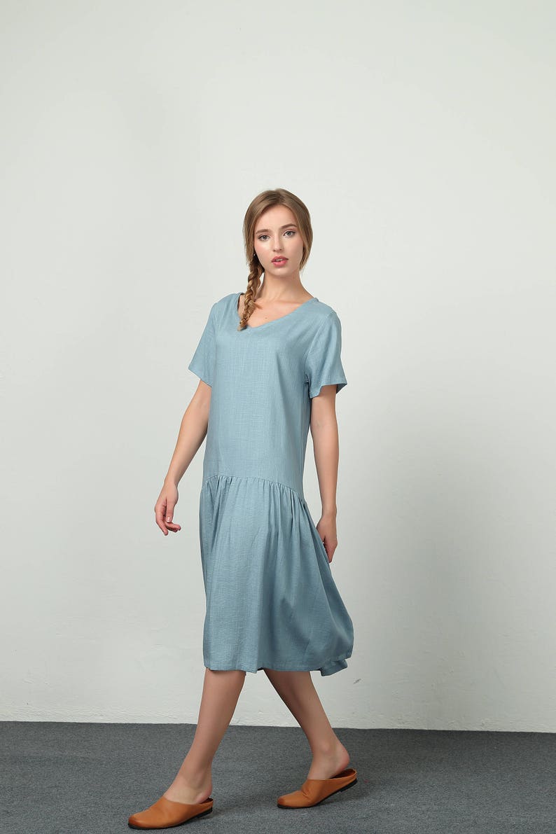 Women linen cotton dresses Short Sleeve V neck Summer Dresses Etsy