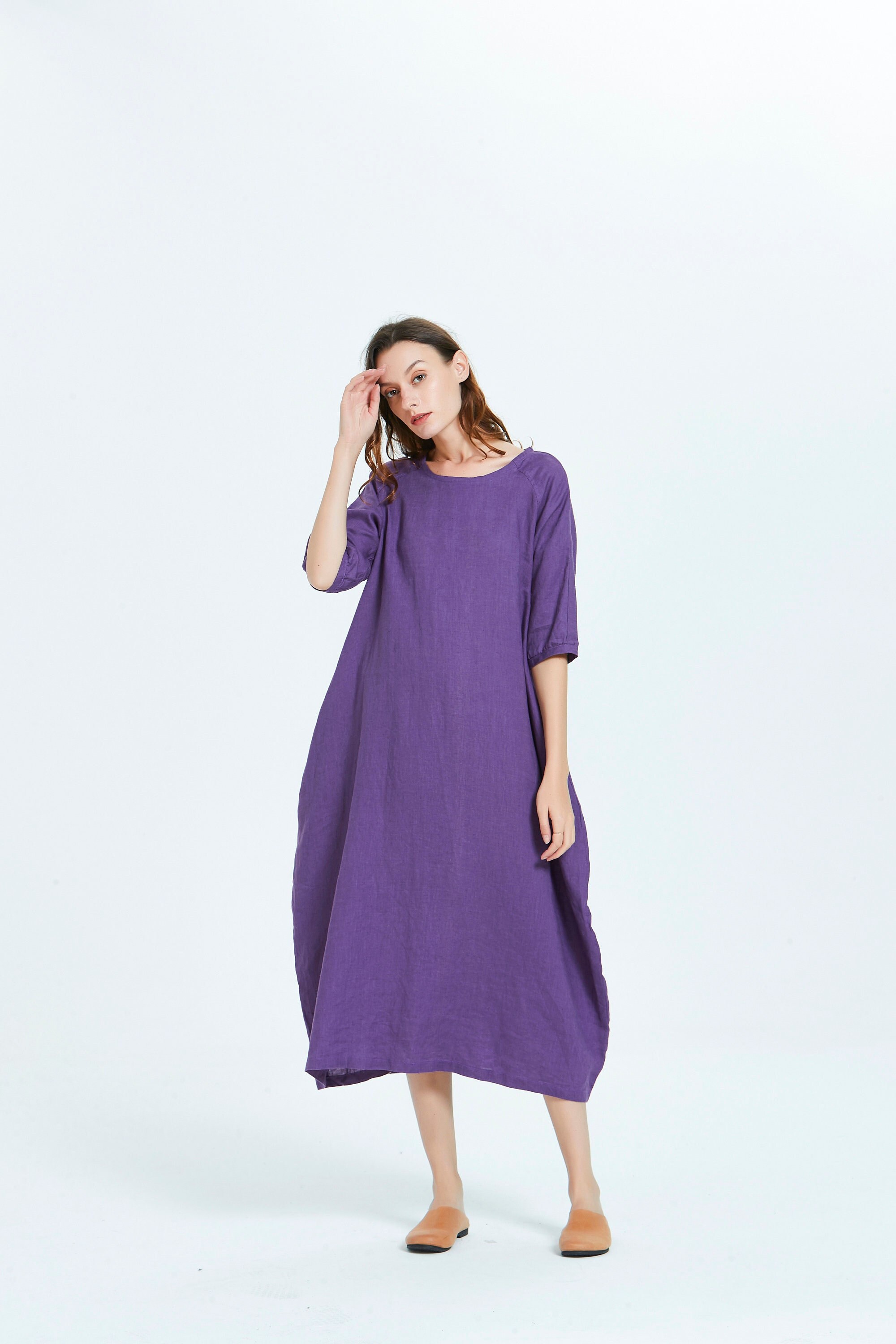Women Linen Midi Dress Half Sleeve 