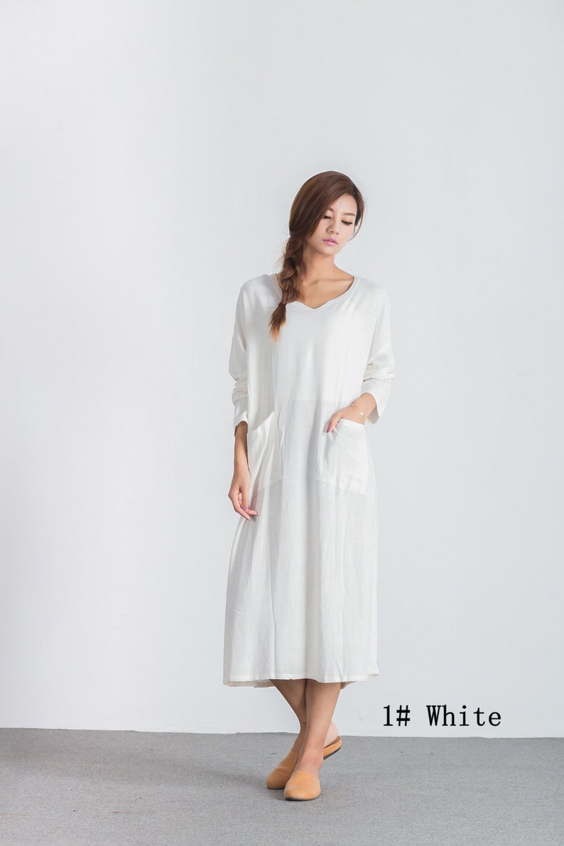Long sleeve dresses with pockets linen cotton Oversize loose midi dress large size dress plus size linen kaftan dress linen clothing A12 