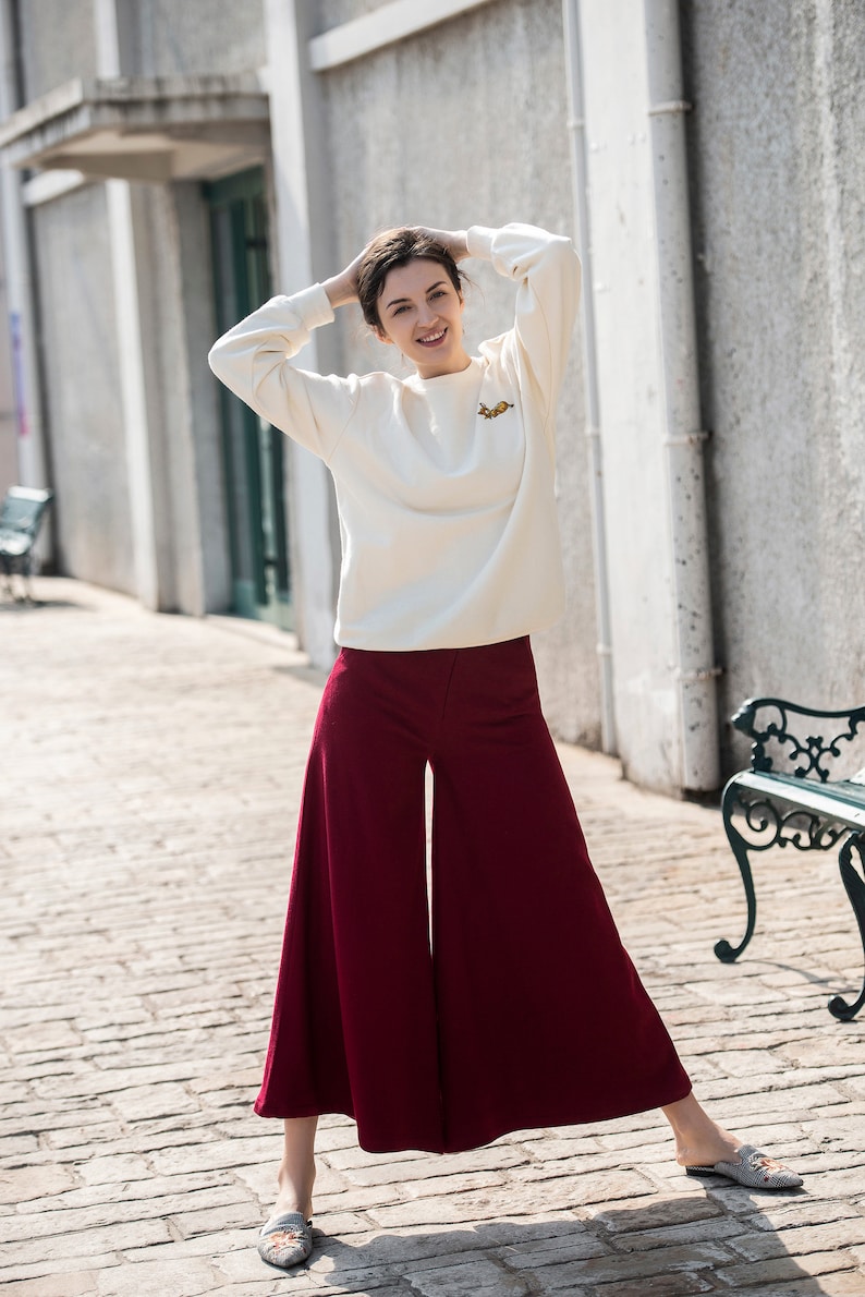 Women Wool Pants Loose High Waist Pants Wide Leg Pants Soft Casual Large Size Trousers Oversized Skirt Pants With Pockets Red Long Pants S18 image 1