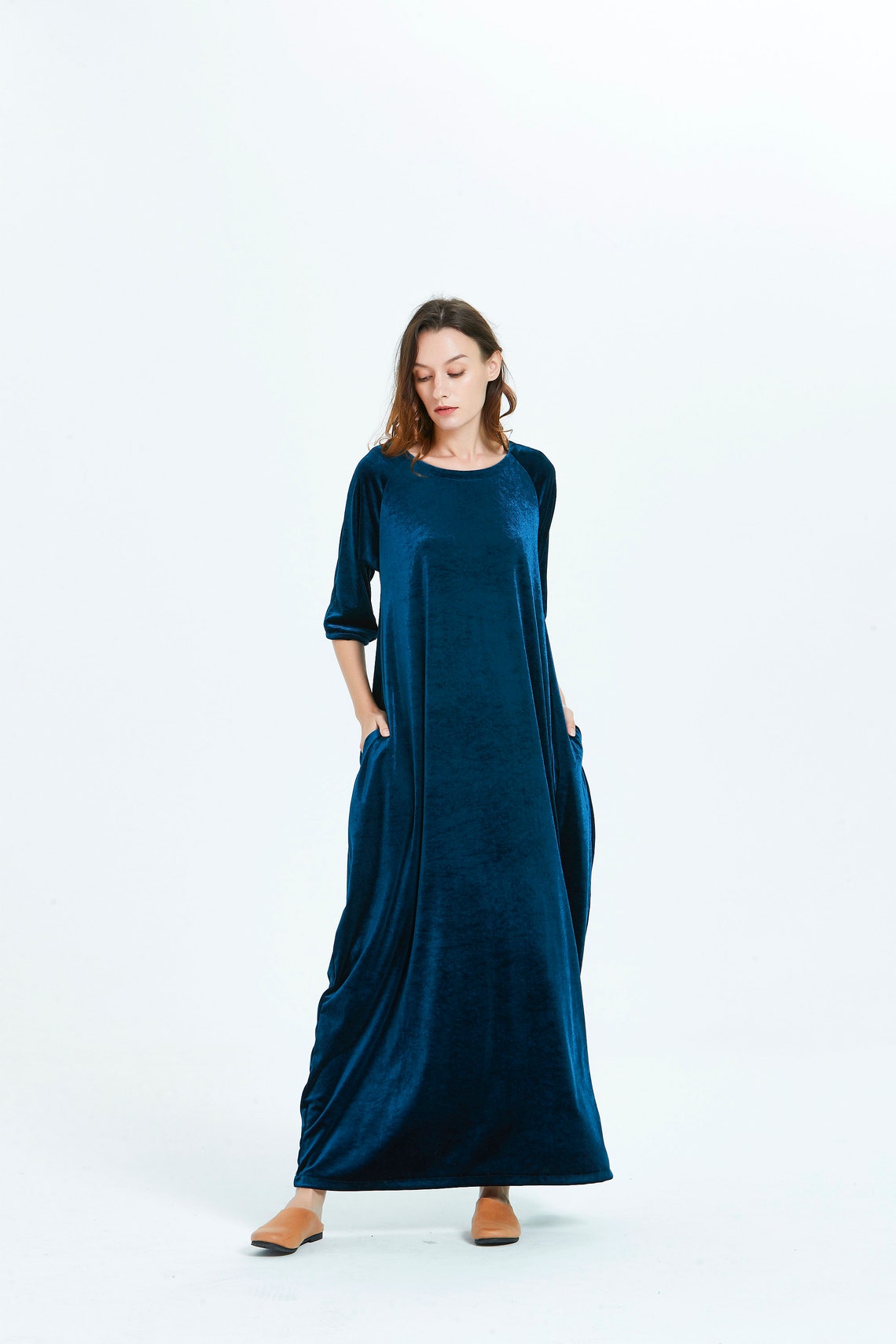 Women's Velvet Dress Half Sleeve Maxi Dress With Pocket Etsy