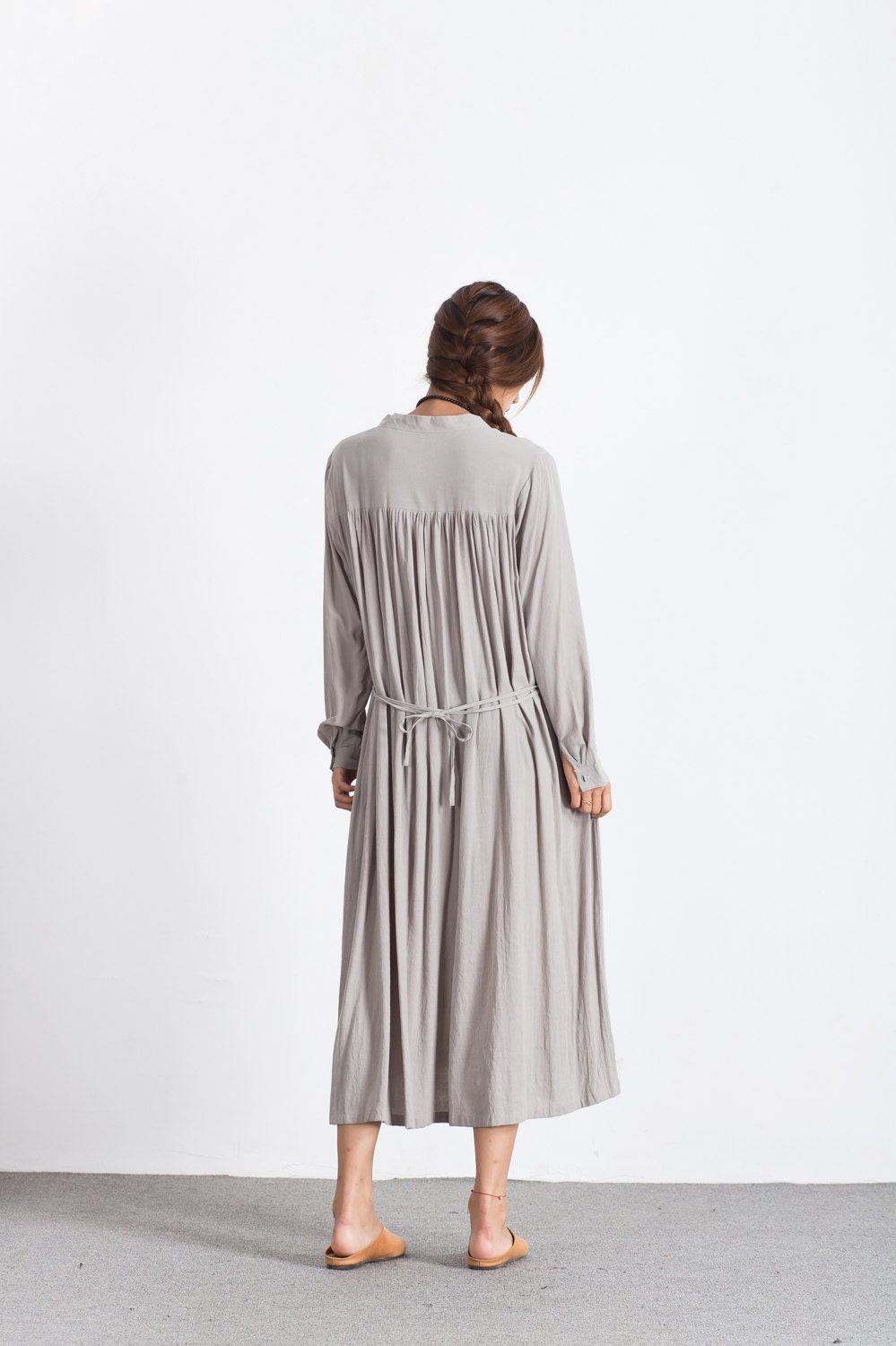 Linen Dresses Women Long Sleeve V Neck Cotton Midi Oversize - Etsy