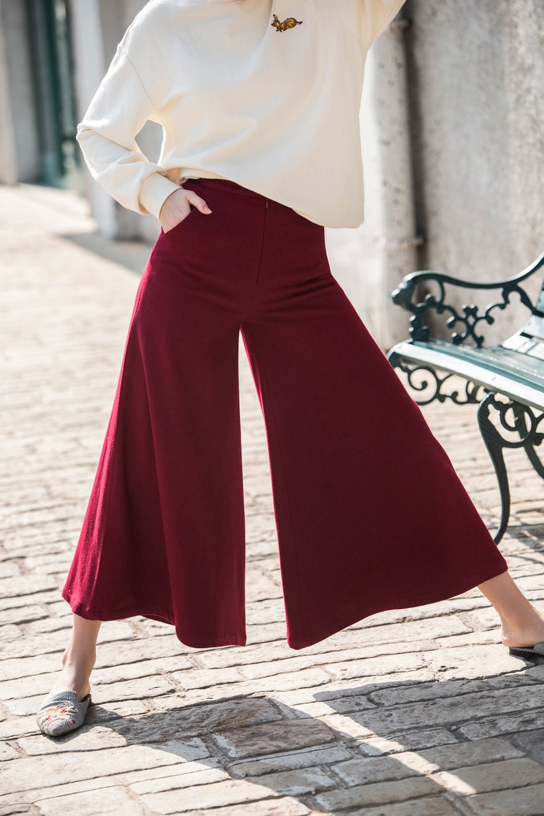 Women Wool Pants Loose High Waist Pants Wide Leg Pants Soft Casual Large Size Trousers Oversized Skirt Pants With Pockets Red Long Pants S18 image 8