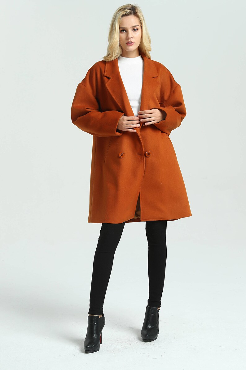 Women wool coat Double breasted Winter wool coat lapel warm coat plus size coat Vintage coat Loose Jacket with Pockets woolen coat M08 image 4