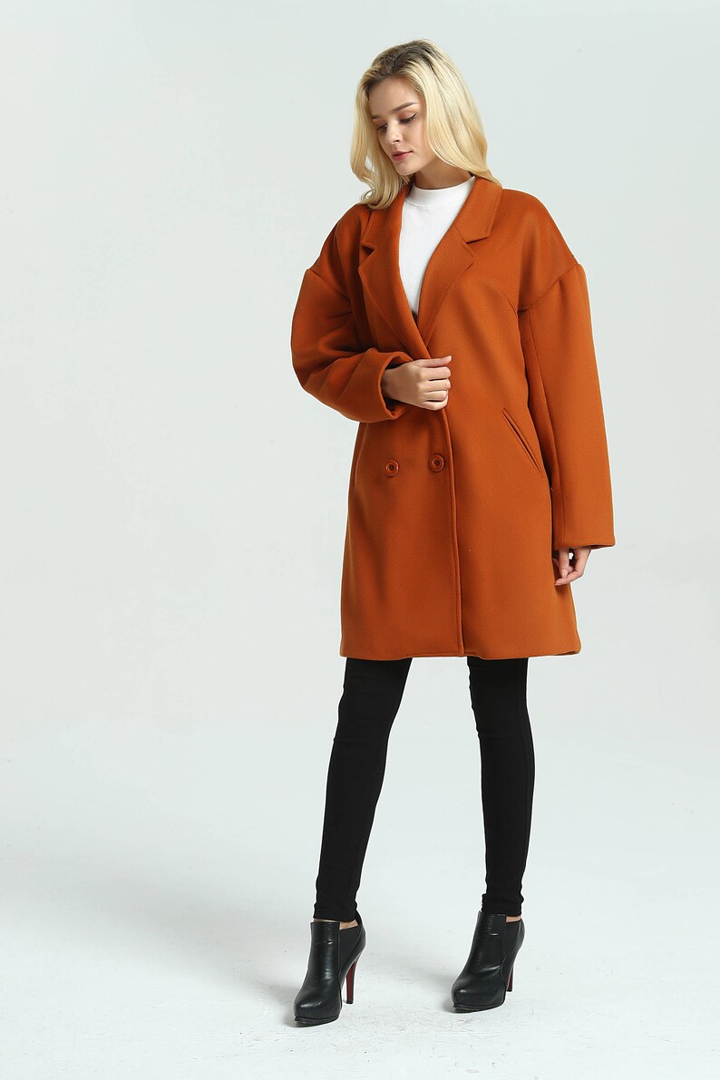 Women wool coat Double breasted Winter wool coat lapel warm coat plus size coat Vintage coat Loose Jacket with Pockets woolen coat M08 image 3