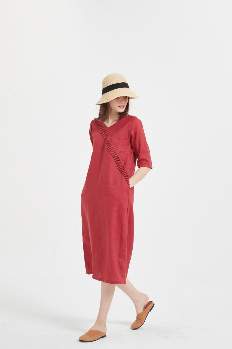 Women linen dress summer loose casual soft linen dress oversized linen midi dress shift dress pure linen tunic dress plus size clothing X39 image 1