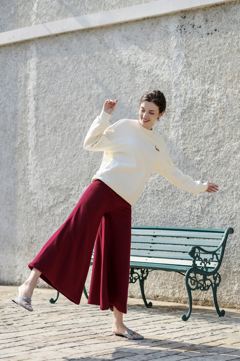 Women Wool Pants Loose High Waist Pants Wide Leg Pants Soft Casual Large Size Trousers Oversized Skirt Pants With Pockets Red Long Pants S18 image 2
