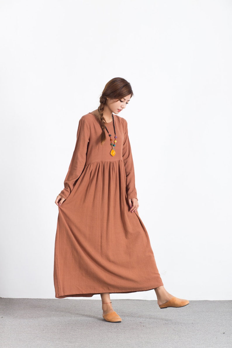 Women Linen Dress Shirt Loose Dress Tunics Long Sleeves Robes Maxi Dresses Customized Oversized Linen Long Dress Plus Size Clothing Boho A73 image 4