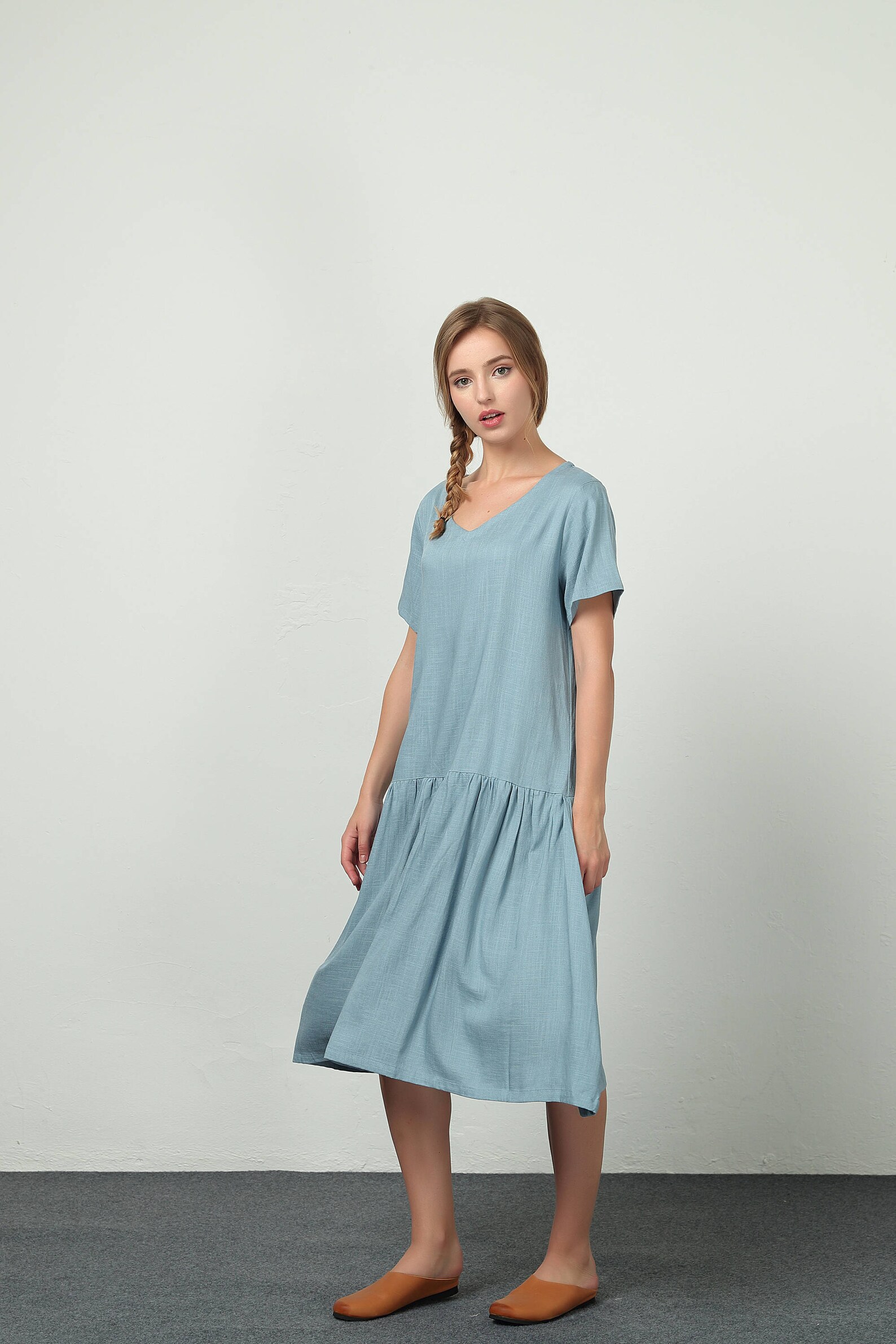 Women Linen Cotton Dresses Short Sleeve V Neck Summer Dresses Etsy