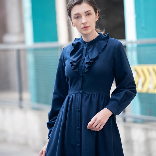 Women wool dress shops long sleeve midi fall winter dress vintage long dress fit and flare dress with pocket woolen custom handmade maxi dress S46