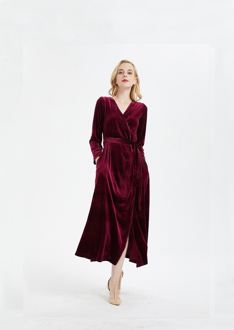 Women's Burgundy Velvet Dress Wrap Dress Long Sleeve Robe image 2