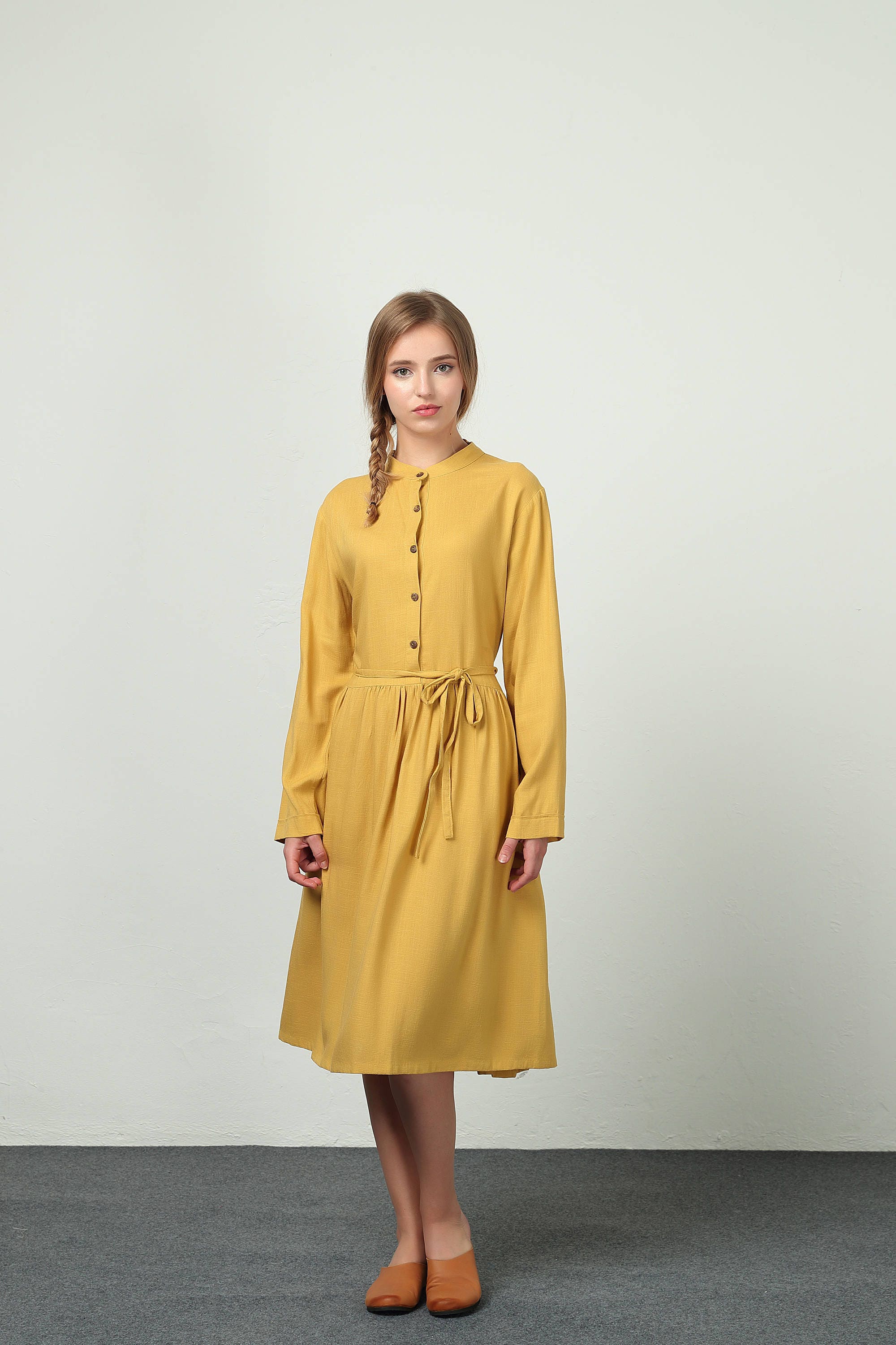 Linen dress with belt long sleeve shirt dress with button Etsy