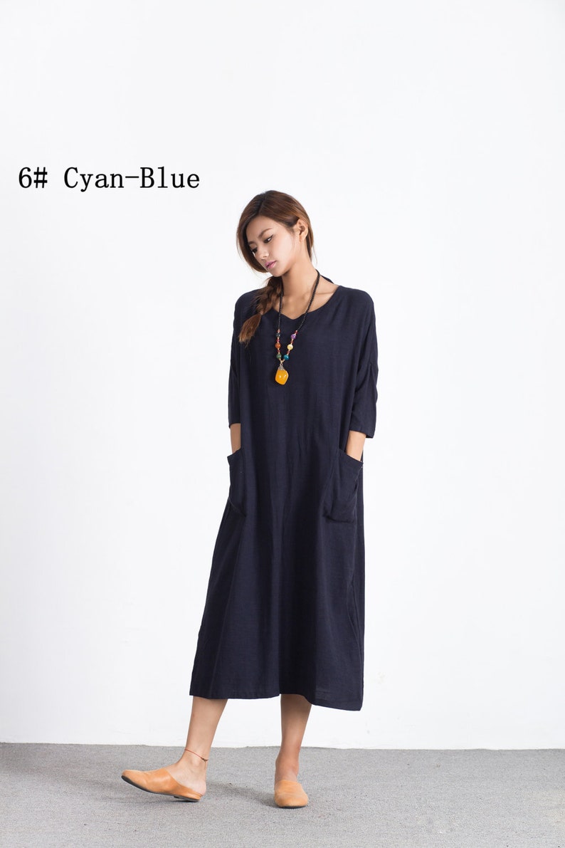 Oversize Short Sleeves Summer linen Dresses Women's maxi dress pockets-2 linen cotton Loose Kaftan plus size clothing large size dress A52 image 2