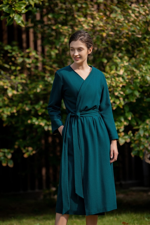 Maxi Wrap Dress Green Wool Dress Long Sleeves Dress With Belt | Etsy