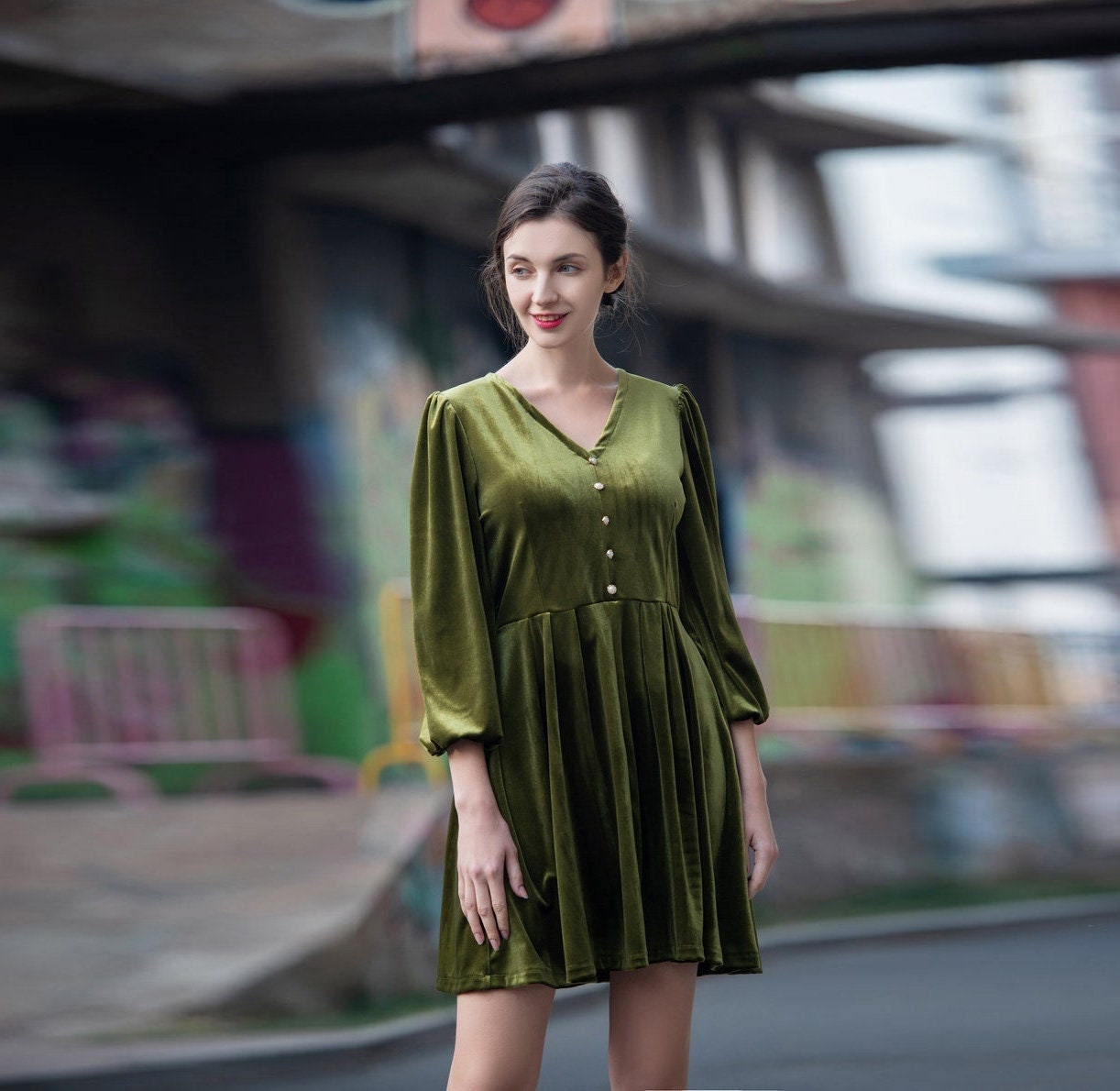 Women Velvet Dress Long Sleeves Midi 