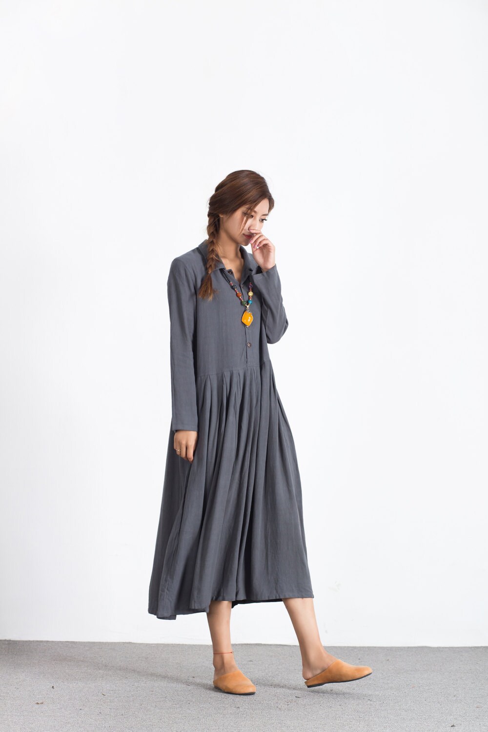Linen Dresses for Women Long Sleeve Midi Shirt Dress With | Etsy