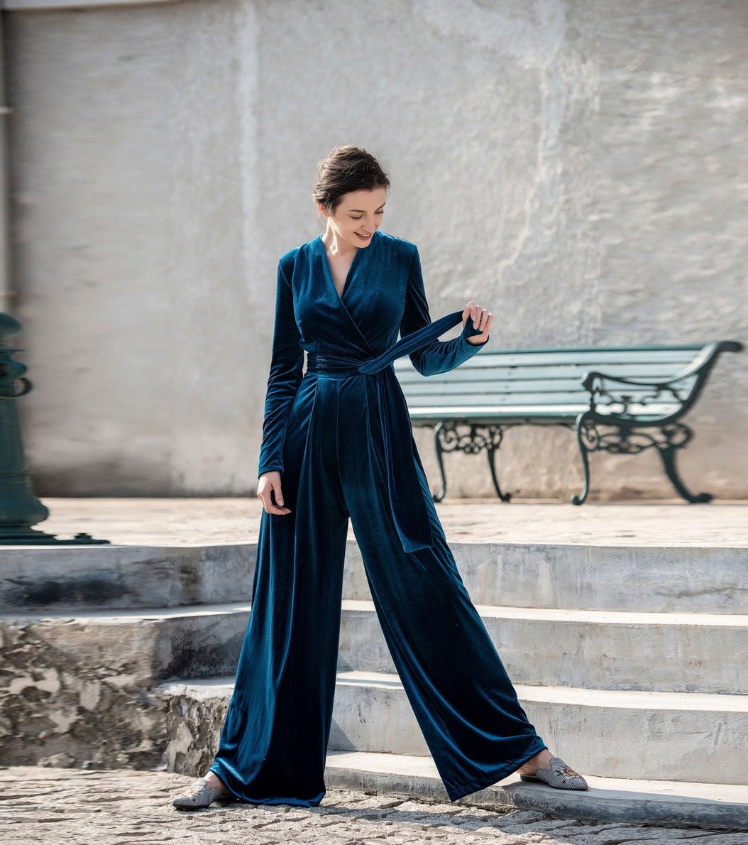 Wide Leg Long Velvet Jumpsuit Women Wrap Jumpsuit Long Sleeves Velvet Romper  Loose Jumpsuit With Belt Women Overalls Plus Size Clothing R58 -  Canada