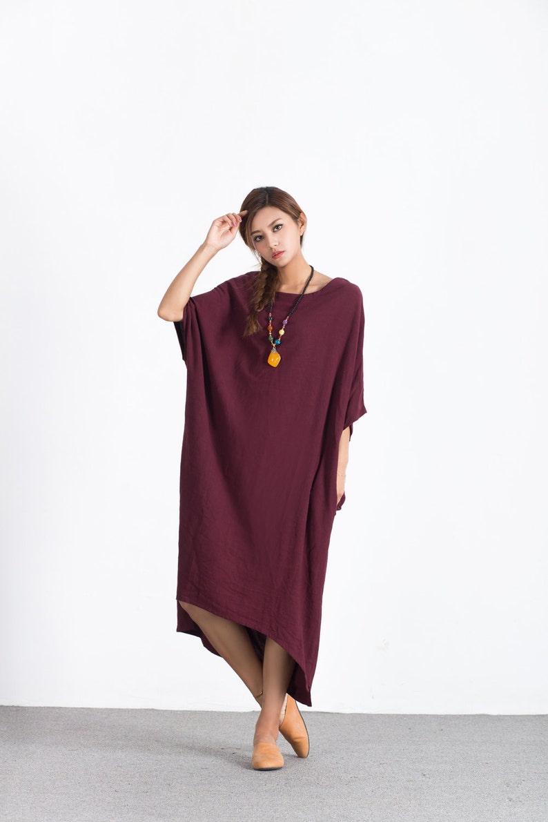 Bat sleeves Women/'s linen maxi dress oversize bridesmaid dress asymmetry linen caftan summer linen large size dress plus size clothing A64