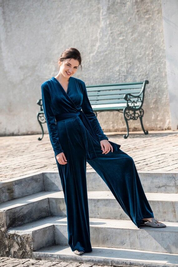 Velvet Jumpsuit Women Wrap Romper Wide Loose Women R58 Long Plus Size Jumpsuit With Jumpsuit Velvet Leg Overalls Sleeves Clothing Belt Etsy Long 