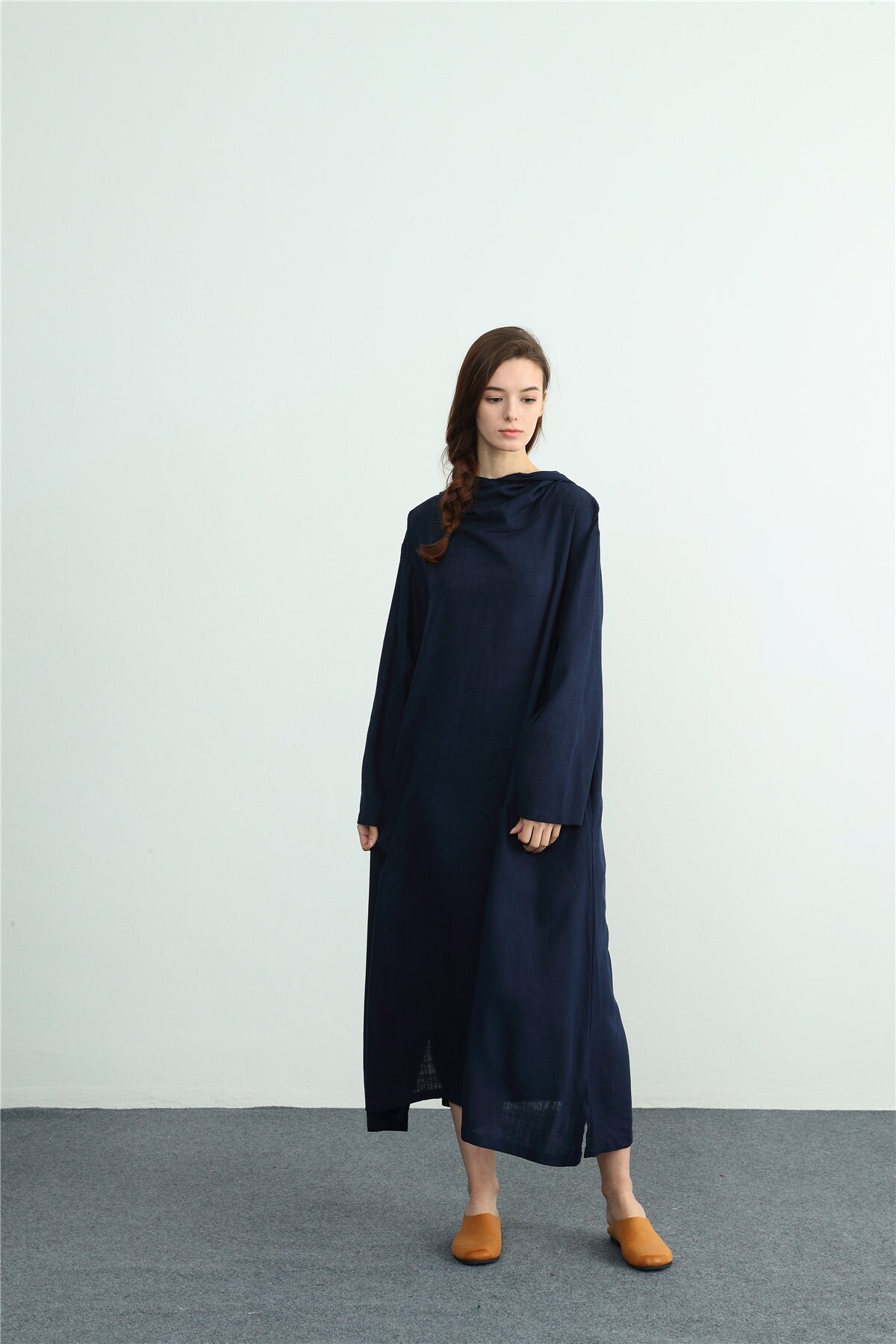Long Sleeves Hood Linen Maxi Dress Women's Linen Cotton | Etsy