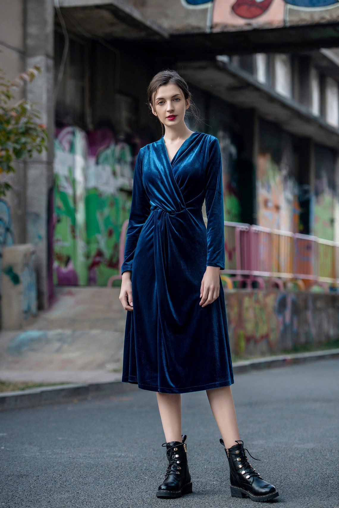 Half Sleeve V-neck Velvet Dress With Slit Ink Blue Plus Size main image 1