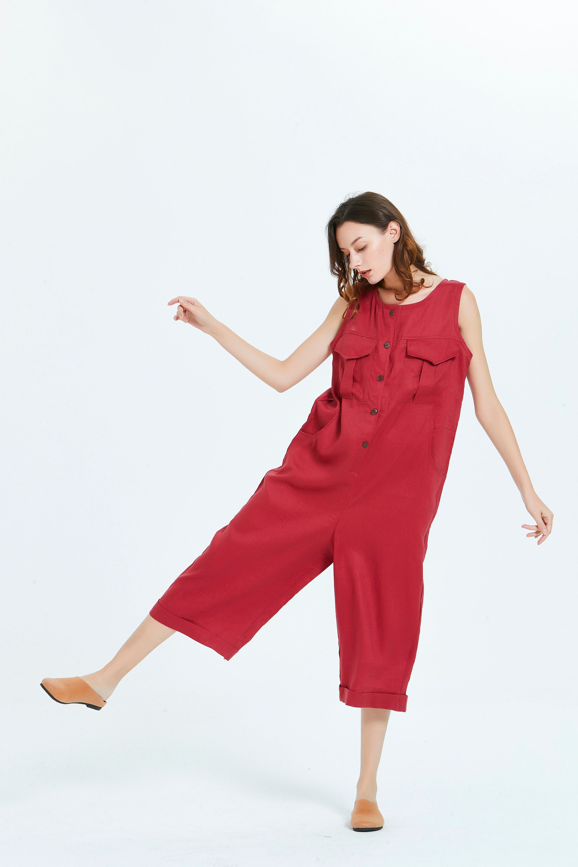 Women Linen Jumpsuit Overalls Pants With Pockets Linen Romper Etsy