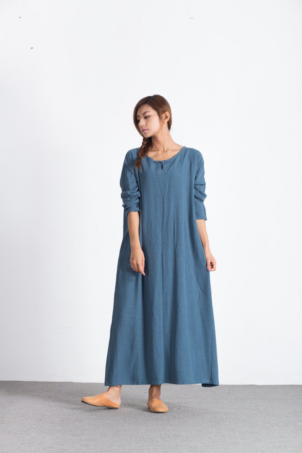 Women's cotton linen maxi dress scoop neck long sleeves Etsy