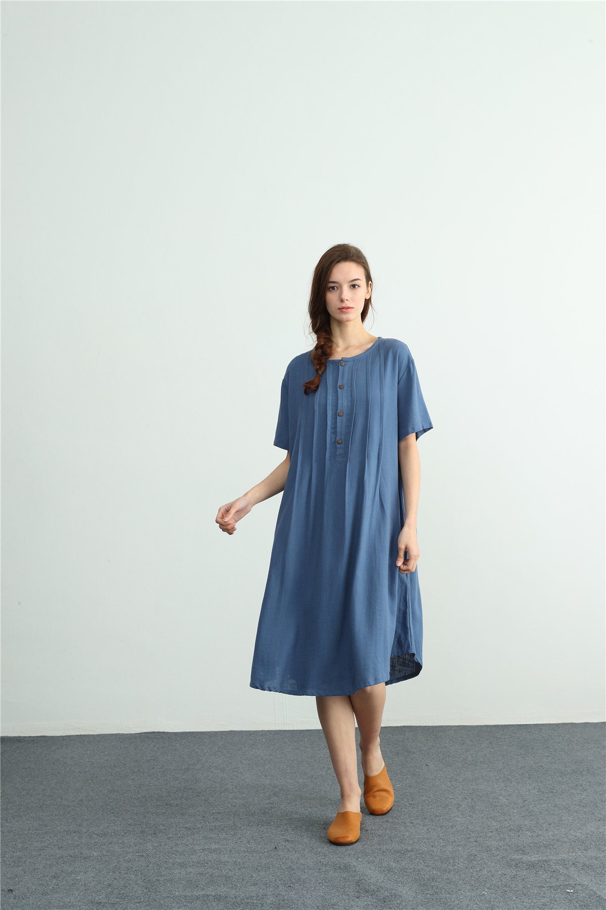 Women's Cotton Linen Dress Short Sleeves Summer Midi | Etsy