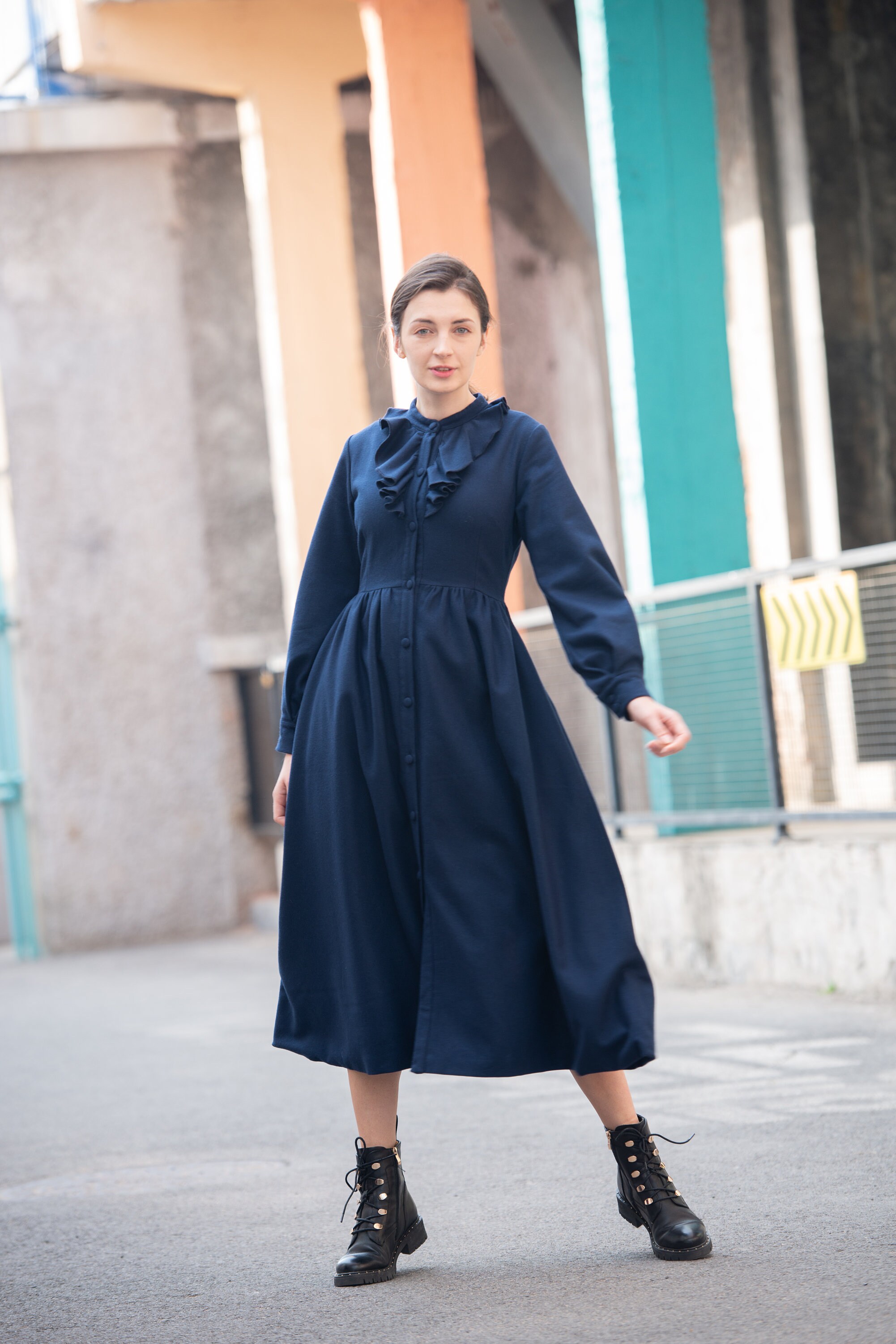 Women wool dress long sleeve midi fall winter dress vintage | Etsy