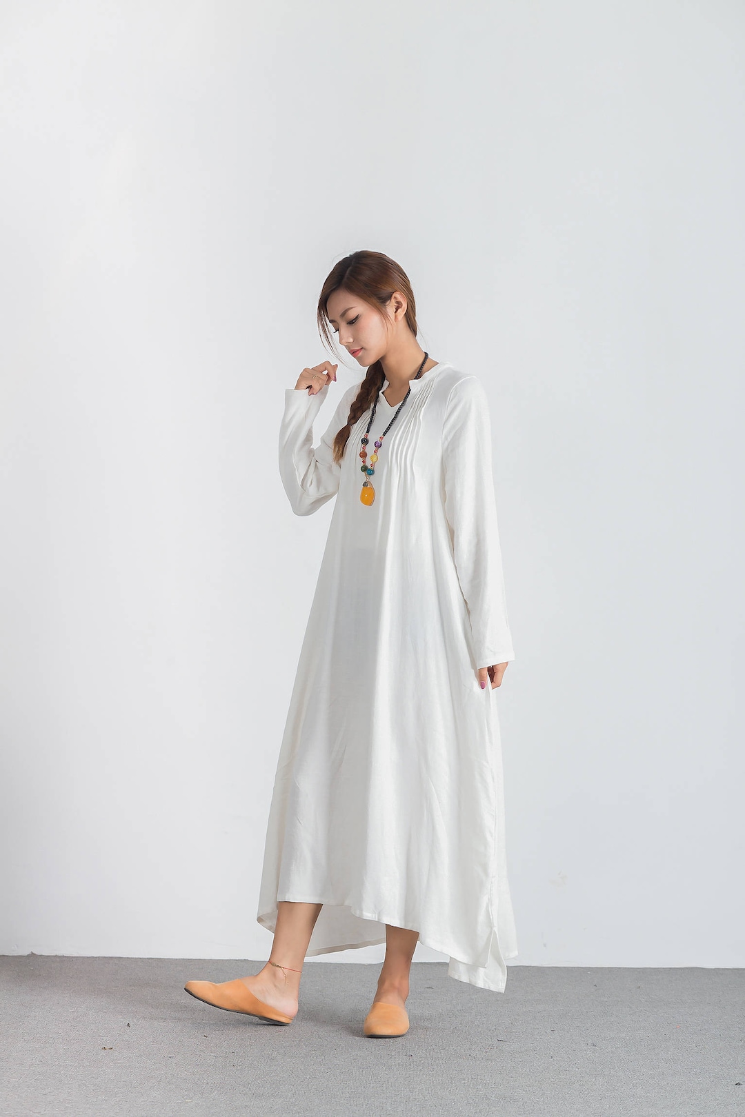 Long Sleeves Linen Maxi Dress Cotton Dress Women Long Kaftan - Etsy