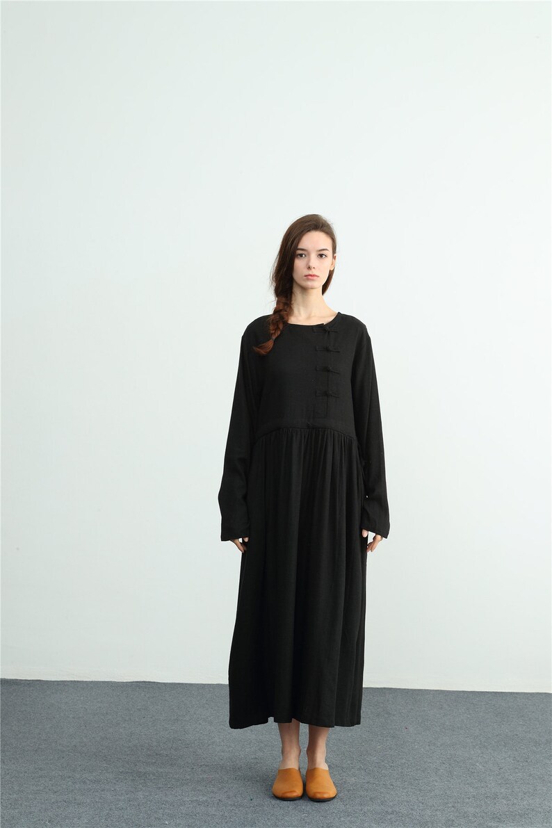 Women/'s linen long sleeves maxi dress Oversize linen Bridesmaid scoop neck dress plus size clothing Loose Kaftan large size dress C18