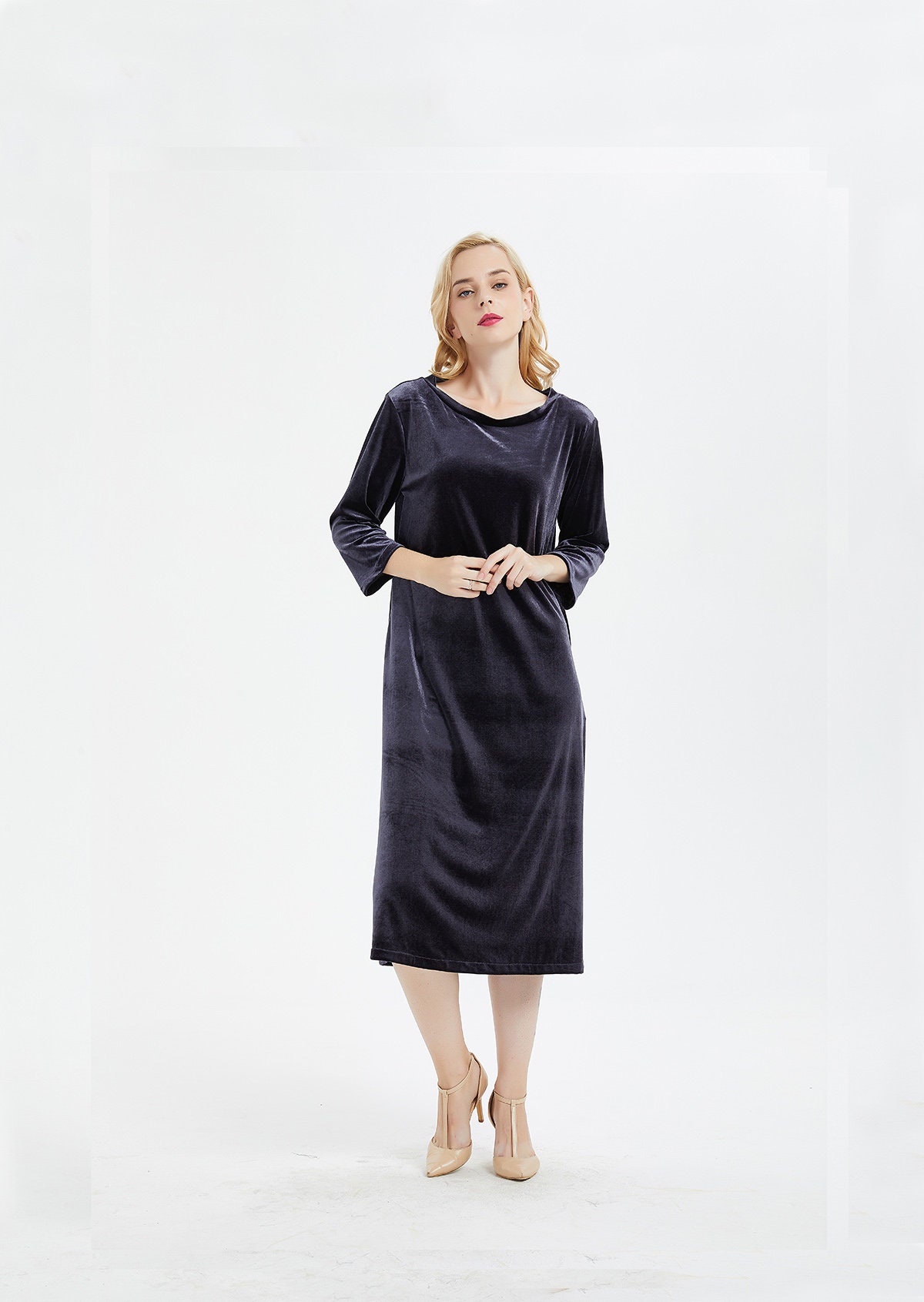 Velvet Dresses With Pockets Women Long Sleeve Round Neck Midi Etsy