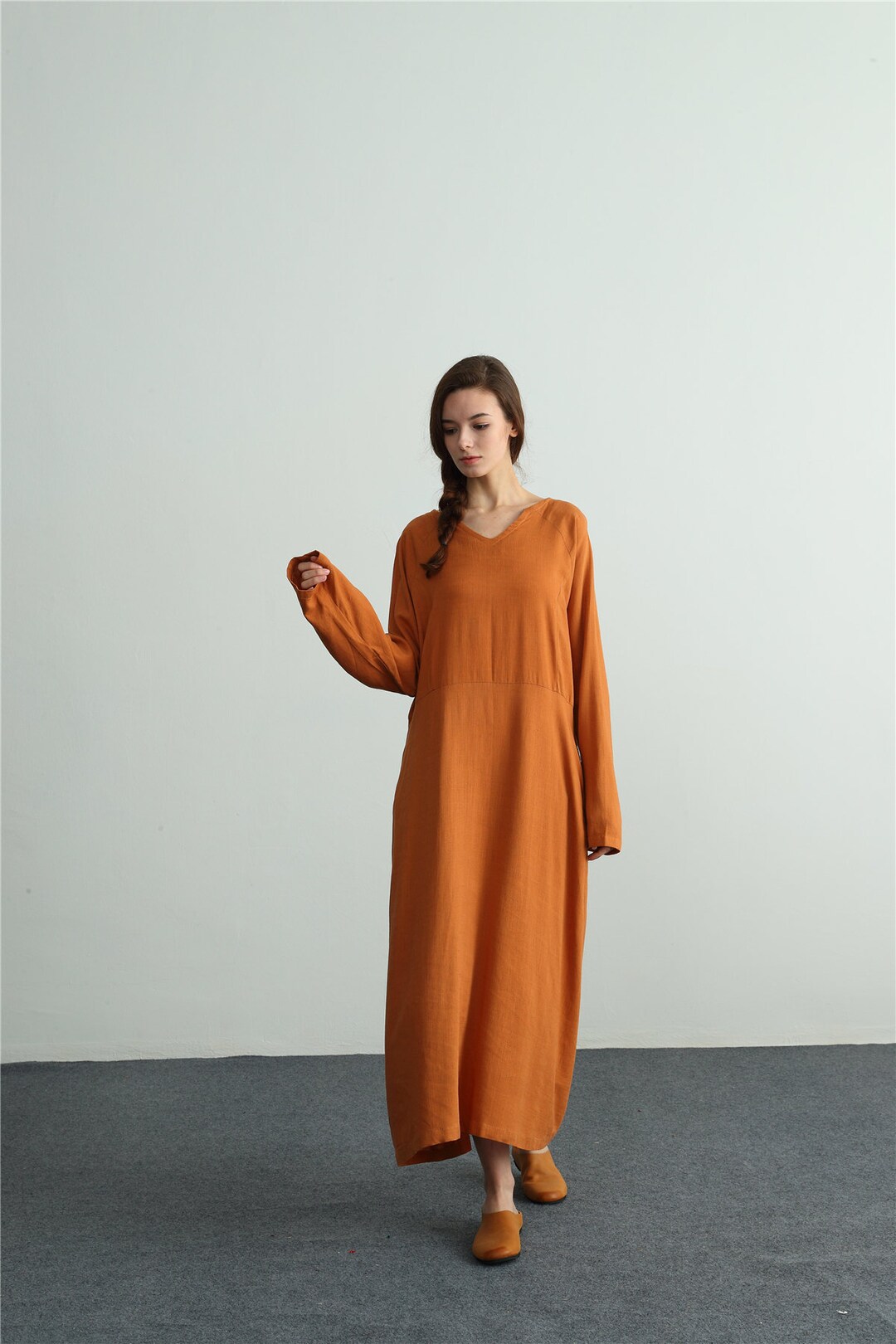 Gertrude | Women's Linen Shirt Dress V-Neck Long Sleeve Oversized Maxi Dress