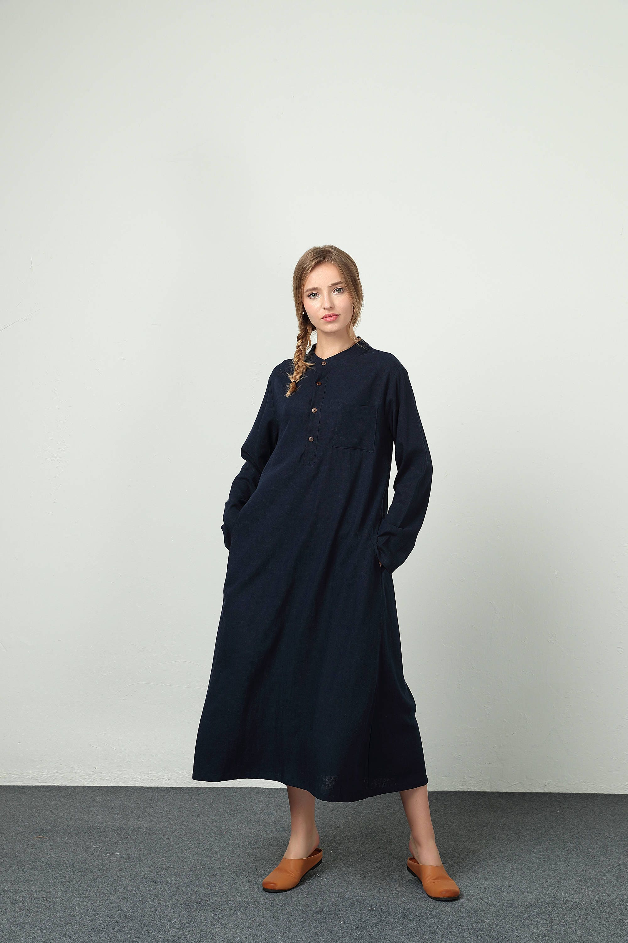 Women's Maxi Dress Linen Cotton Long Sleeve Dress With | Etsy