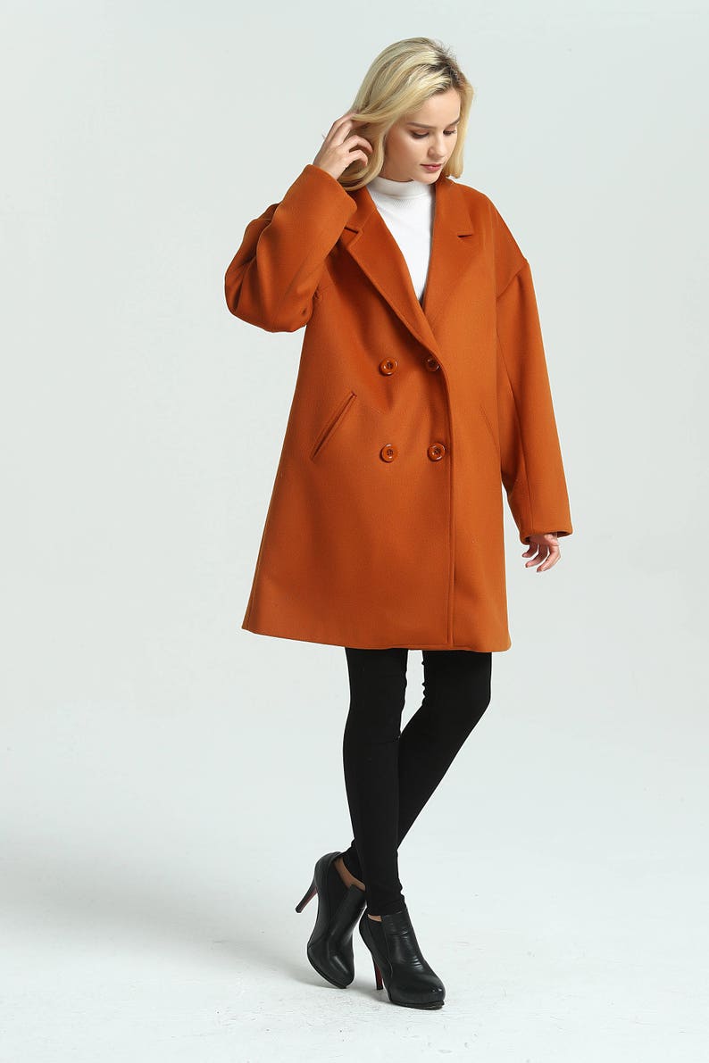 Women wool coat Double breasted Winter wool coat lapel warm coat plus size coat Vintage coat Loose Jacket with Pockets woolen coat M08 image 2