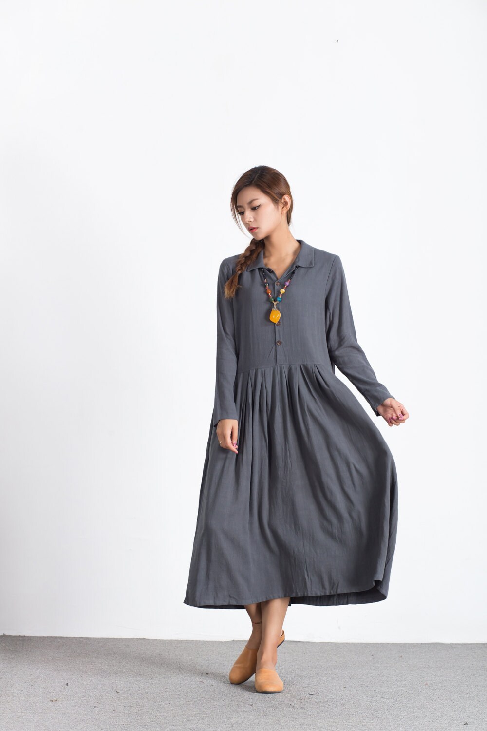 Long sleeve maxi linen shirt dress Women's linen cotton Etsy