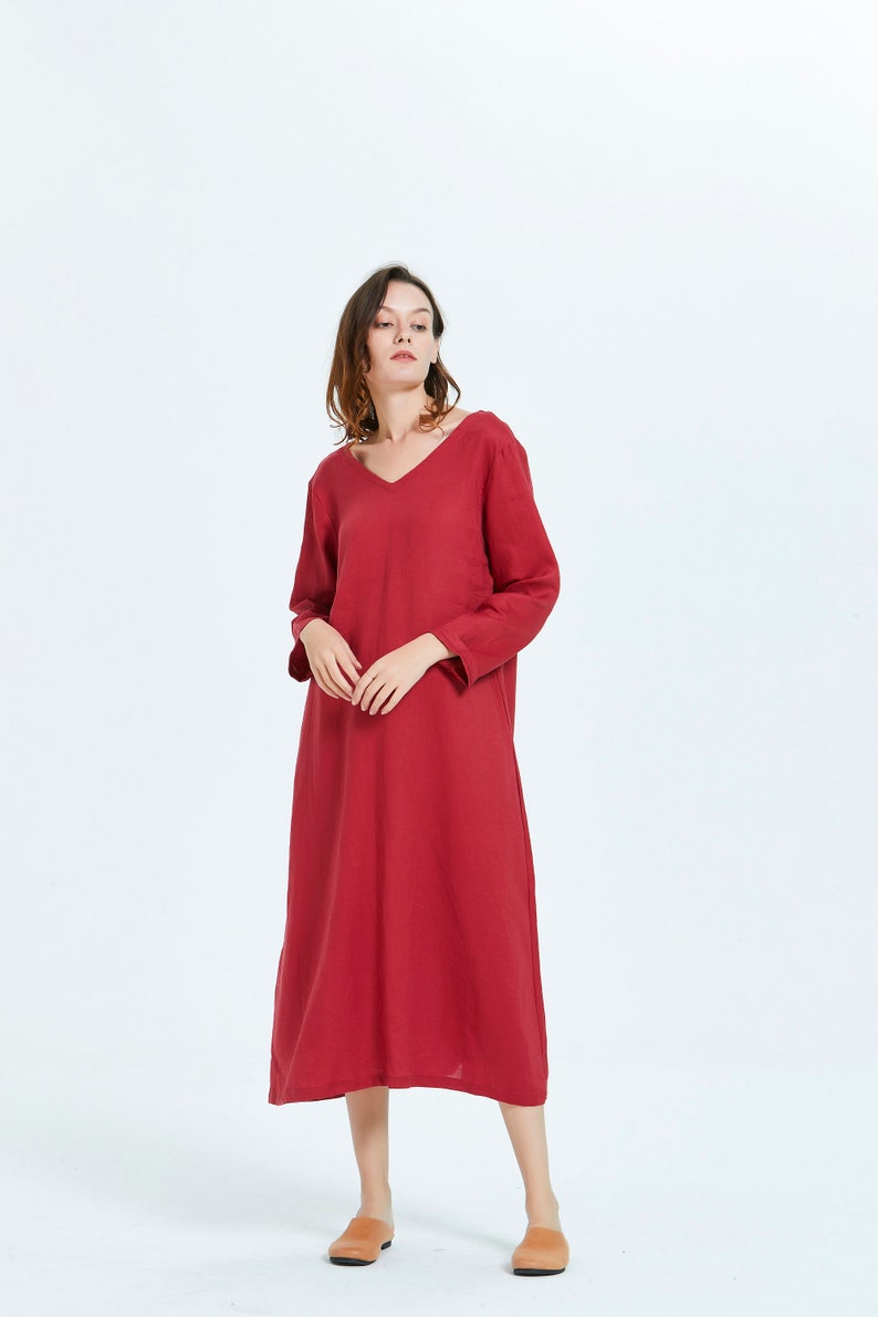 Women Linen dress Long sleeve V neck midi caftan dressPlus Size Clothing flax casual Loose Linen washed linen dress with pockets R30 image 5