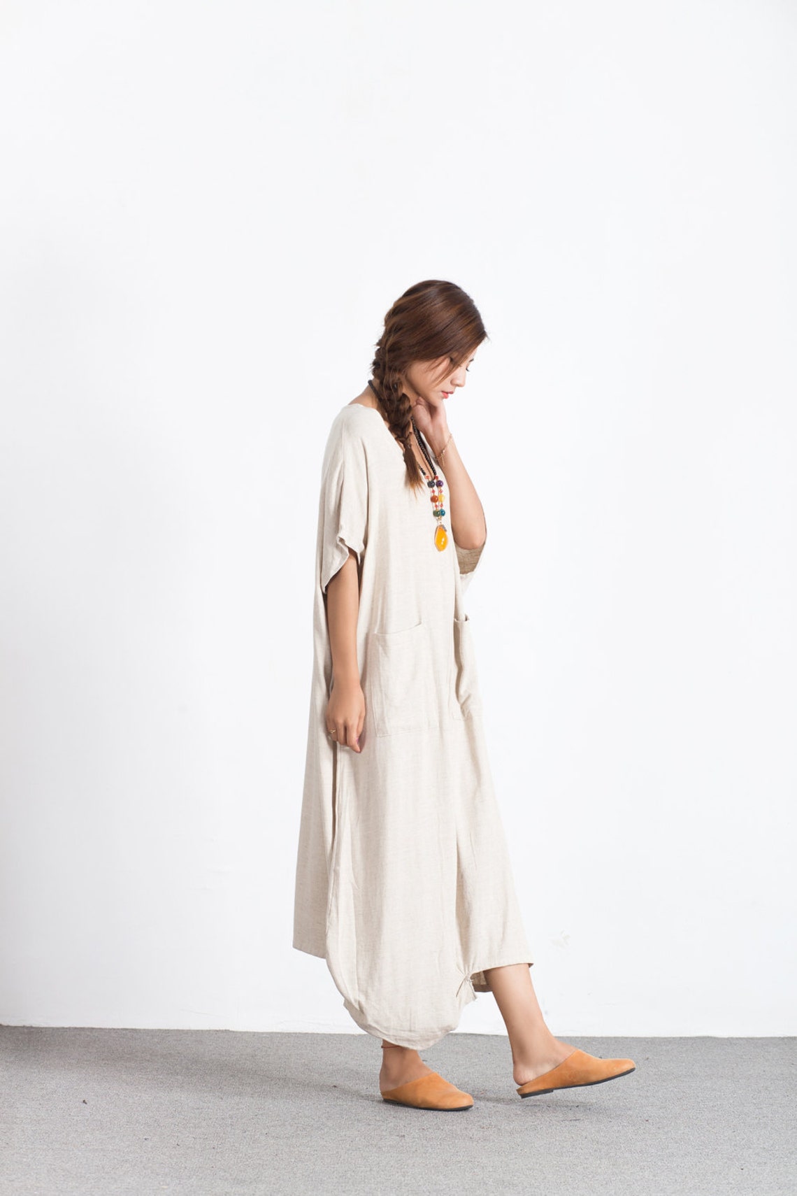 Linen Dresses With Pockets Women Short Sleeve V Neck Maxi Etsy