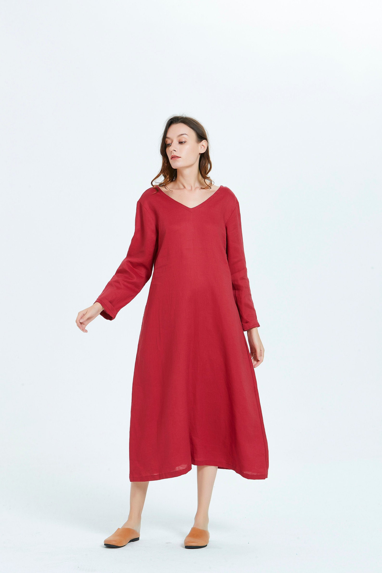 Linen Women Dress Long Sleeve V Neck Maxi Caftan Dressplus Etsy