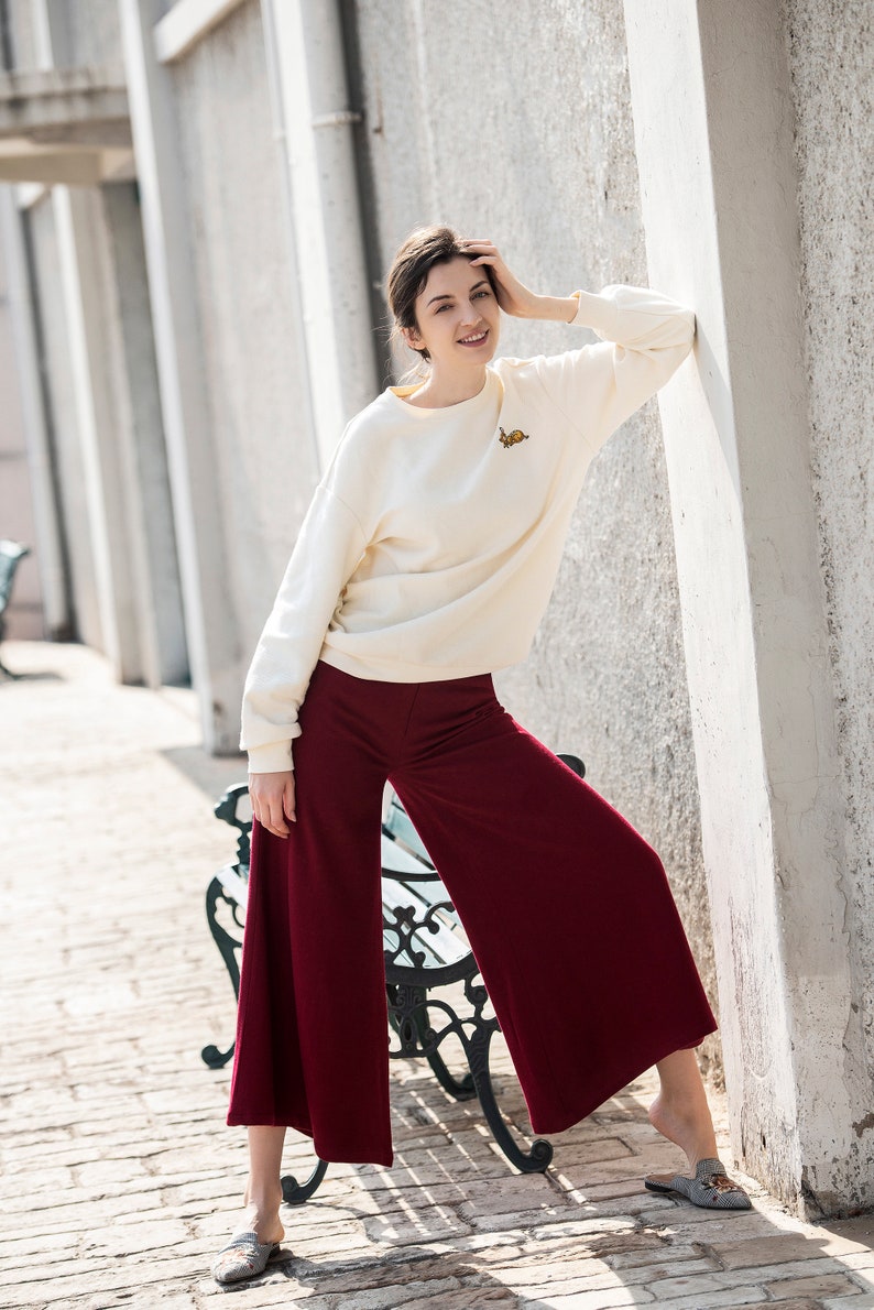 Women Wool Pants Loose High Waist Pants Wide Leg Pants Soft Casual Large Size Trousers Oversized Skirt Pants With Pockets Red Long Pants S18 image 5